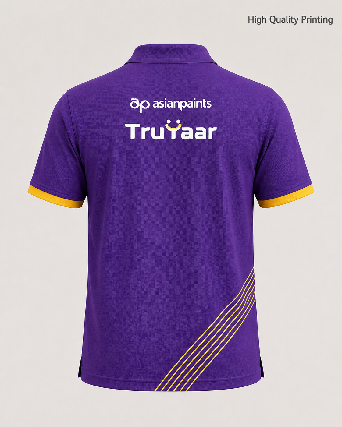 Back of a purple polo shirt with yellow sleeve trim and white Asian Paints TruYaar branding.