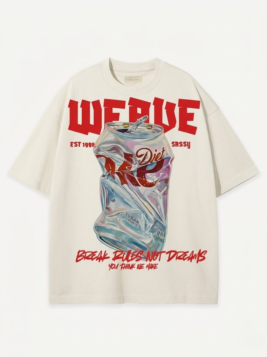 Ivory WEAVE graphic T-shirt laid flat with red lettering and colourful artwork