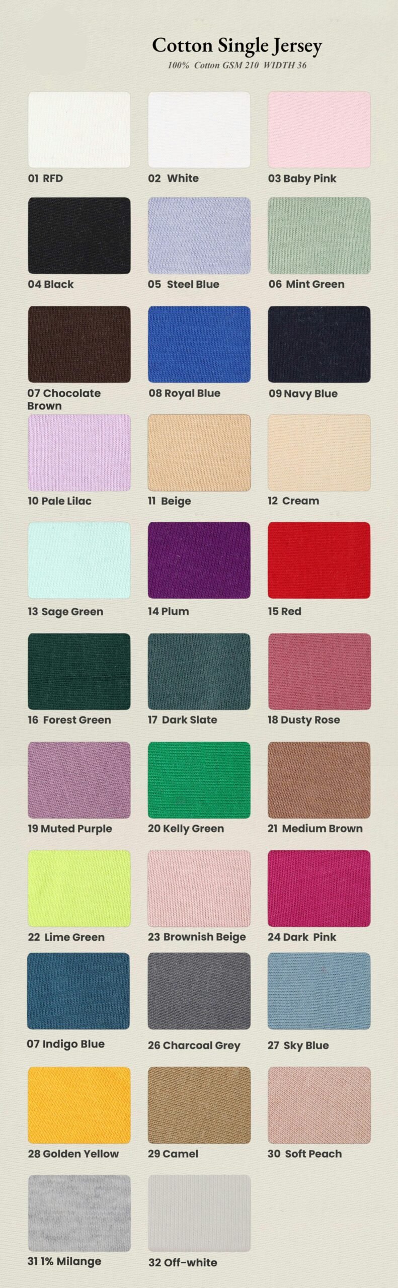 Cotton single jersey colour chart with labelled pastel, bright and dark fabric swatches.